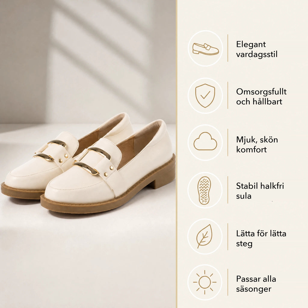 Beige loafers för dam med guldspänne och kamelfärgad sula, uppifrån