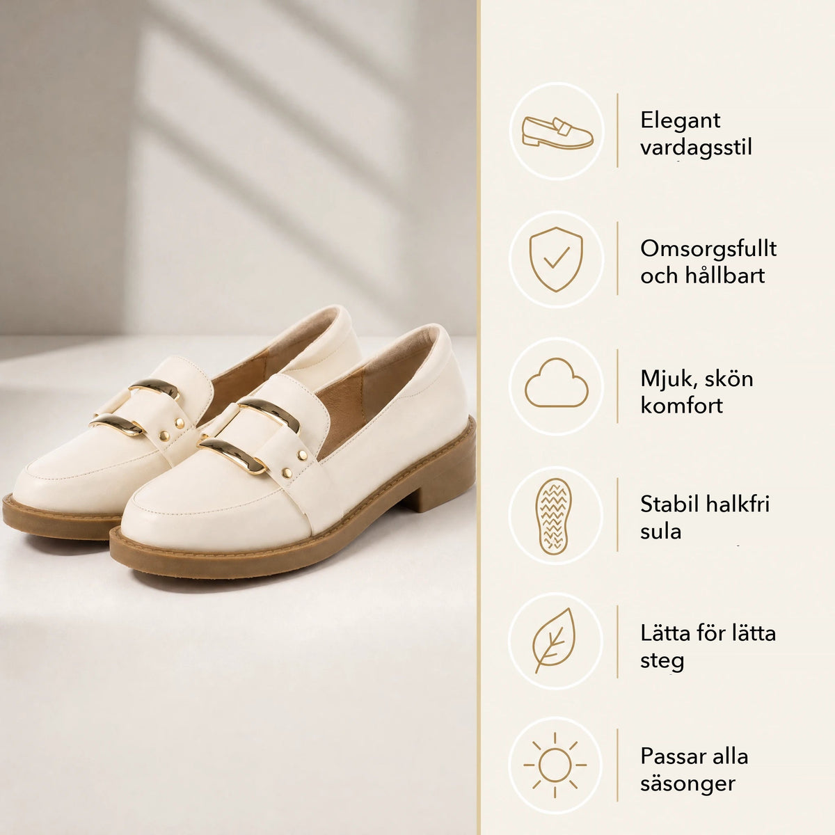 Beige loafers för dam med guldspänne och kamelfärgad sula, uppifrån