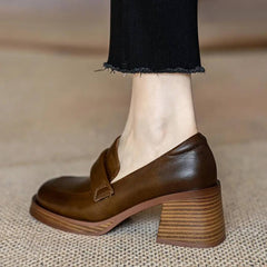 Loafers för dam med fyrkantig klack och tjock sula, Brun
