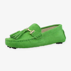 Damloafers med tofs och guldspänne i läder, Grön