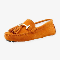 Damloafers med tofs och guldspänne i läder, Orange
