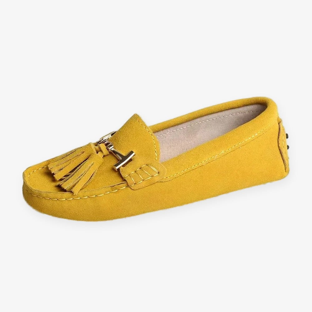 Damloafers i läder med tofs och guldspänne, violett, bild 12