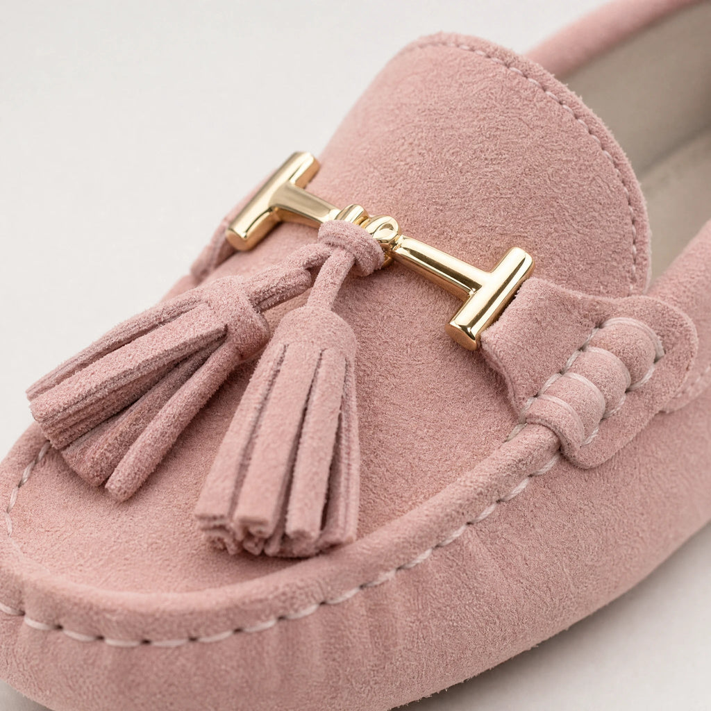 Damloafers i läder med tofs och guldspänne, rosa