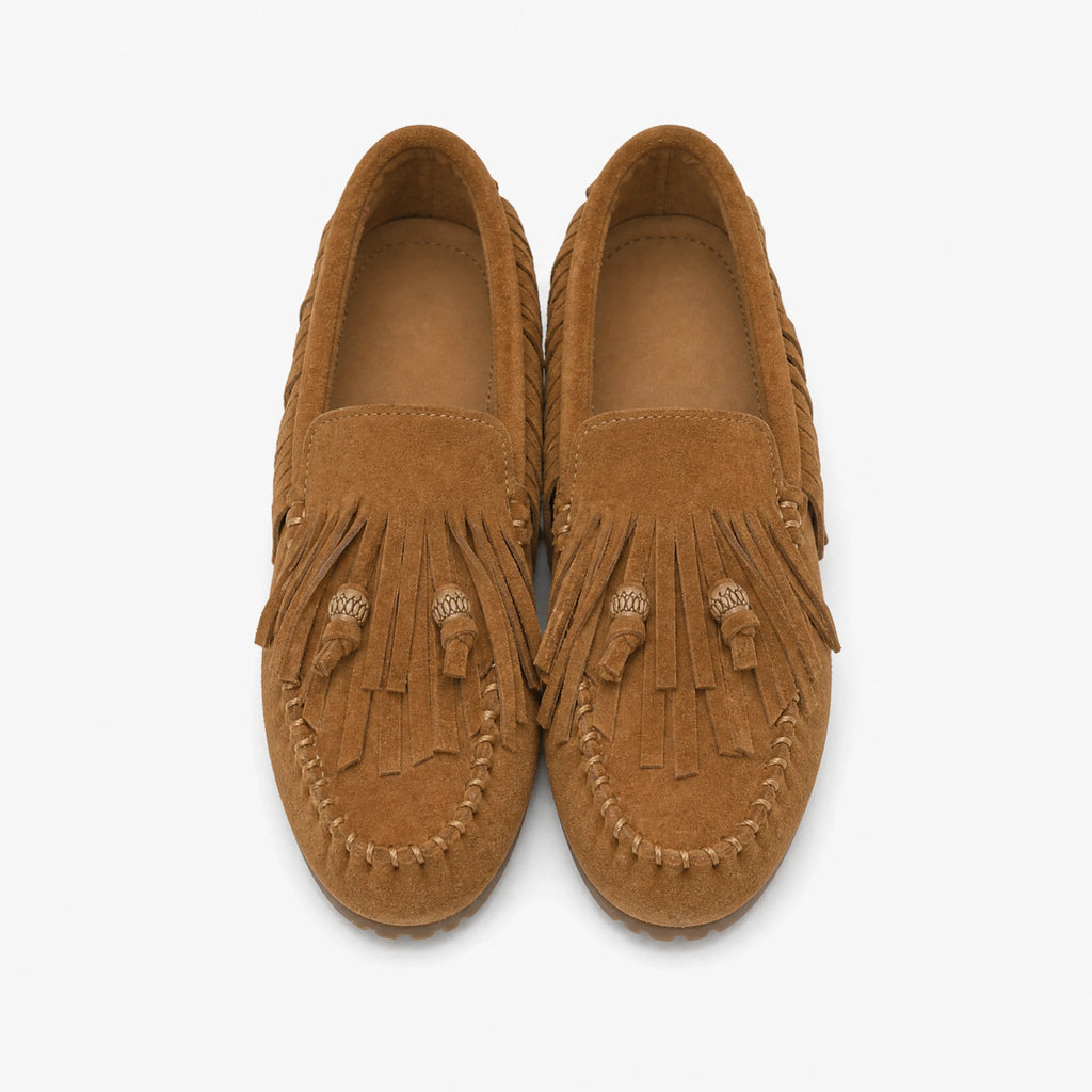 Loafers med fransar i kamelfärgad mockaeffekt för dam, framifrån