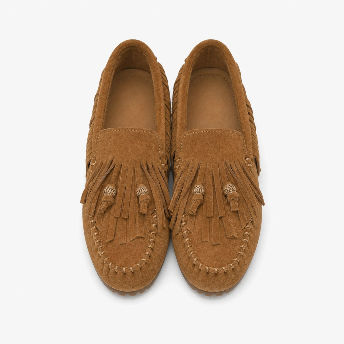 Loafers med fransar i kamelfärgad mockaeffekt för dam, framifrån