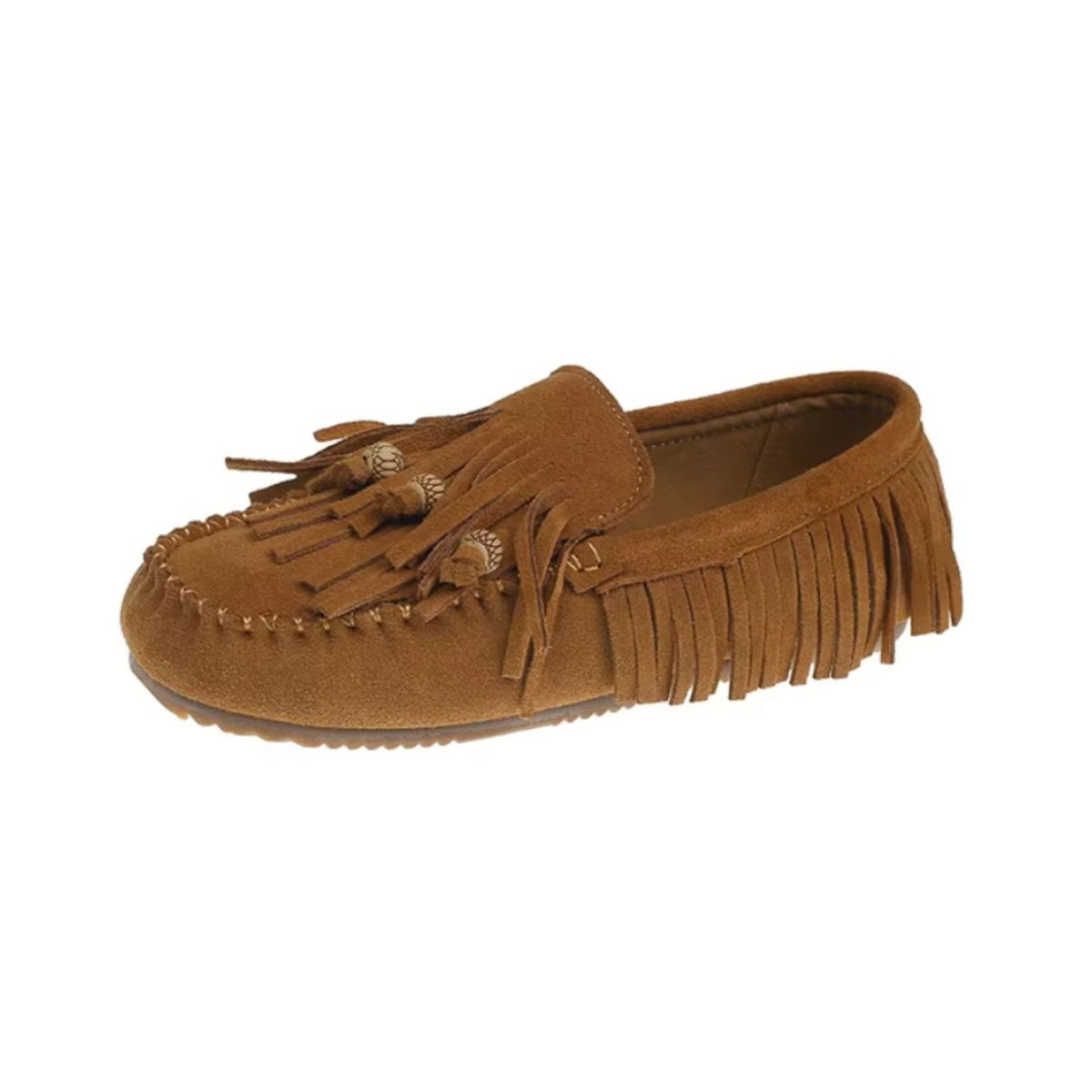 Loafers med fransar i kamelfärgad mockaeffekt för dam, bakifrån