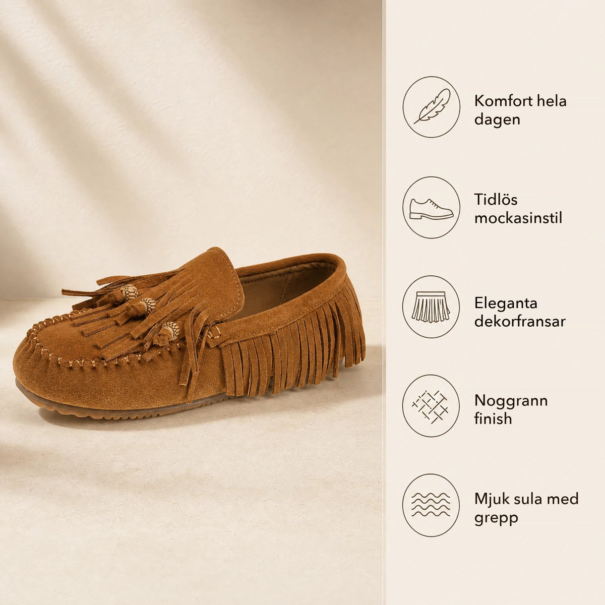 Loafers med fransar i kamelfärgad mockaeffekt för dam, uppifrån Bild