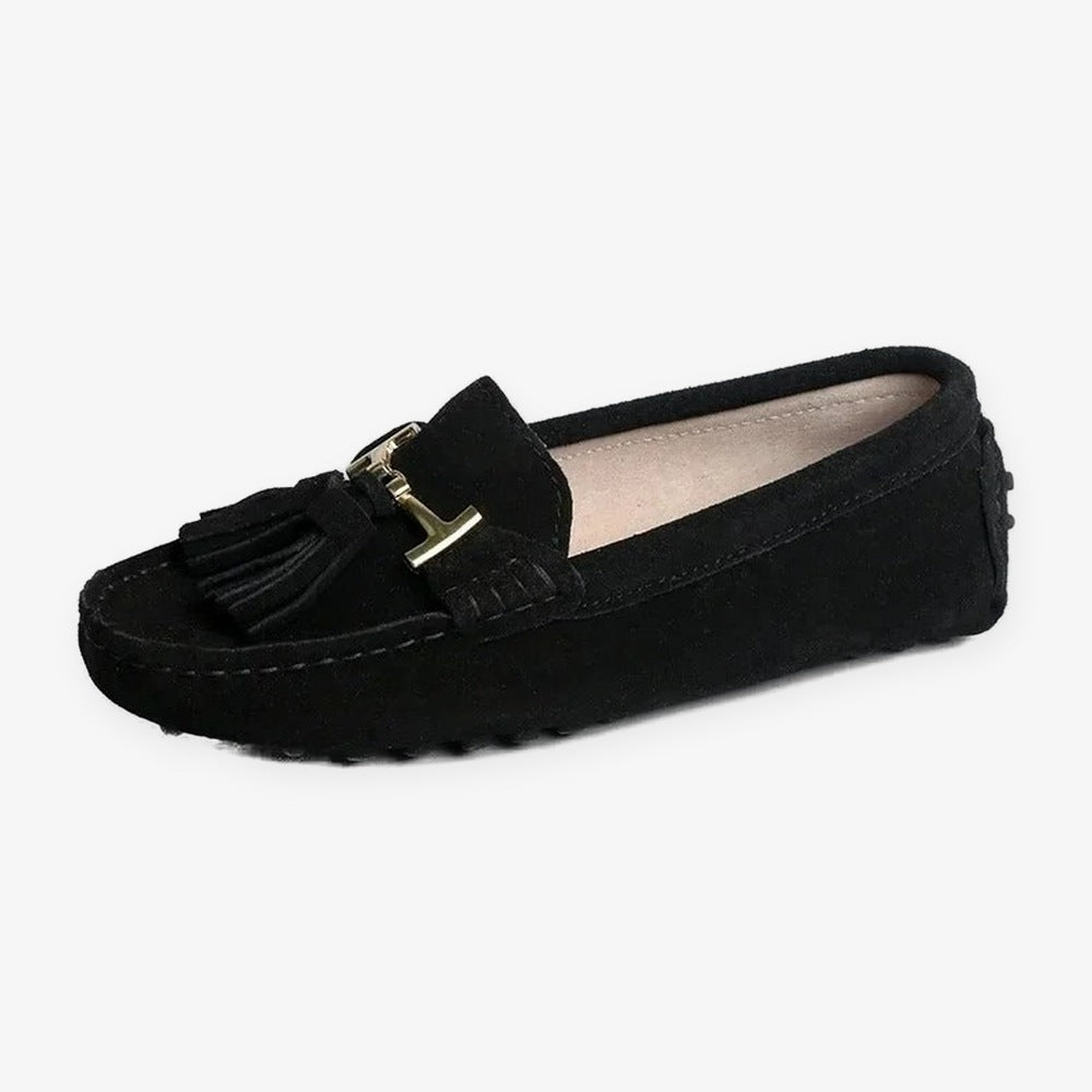 Damloafers med tofsar och guldspänne, röd