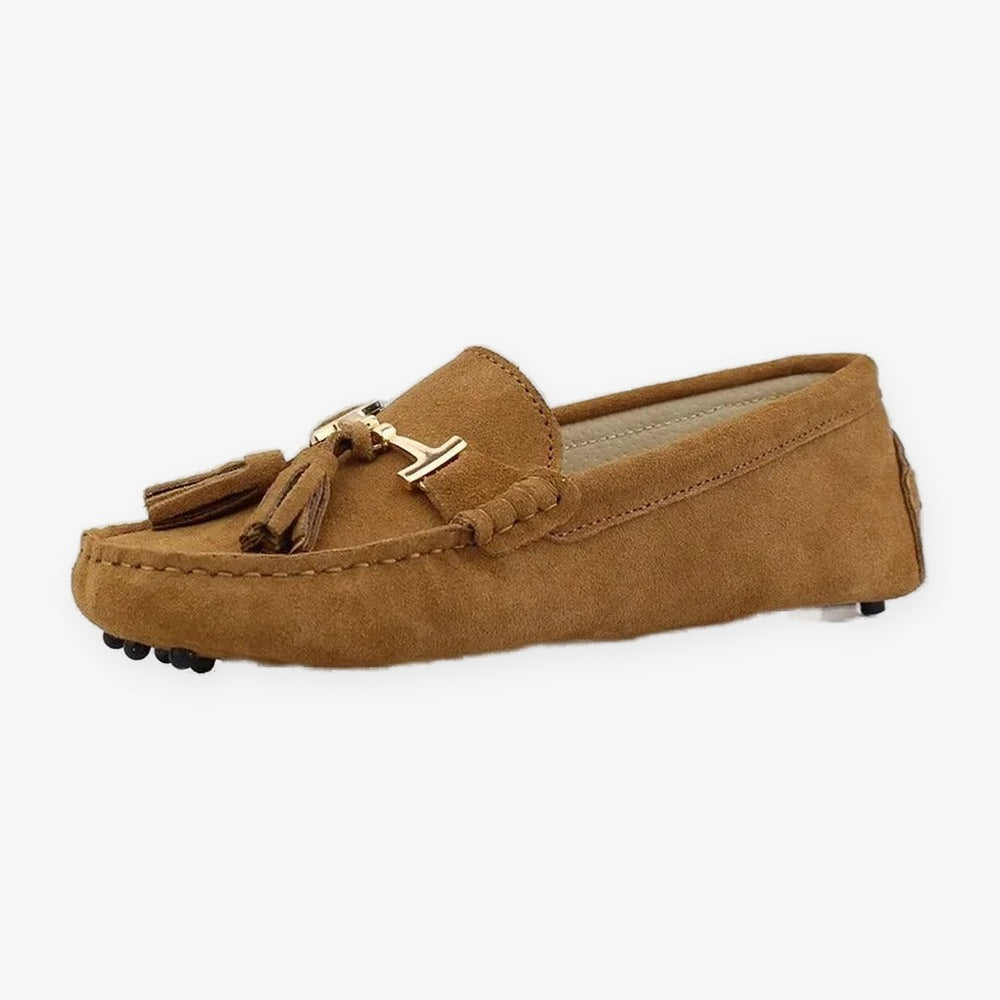 Damloafers med tofsar och guldspänne, ljusgrå