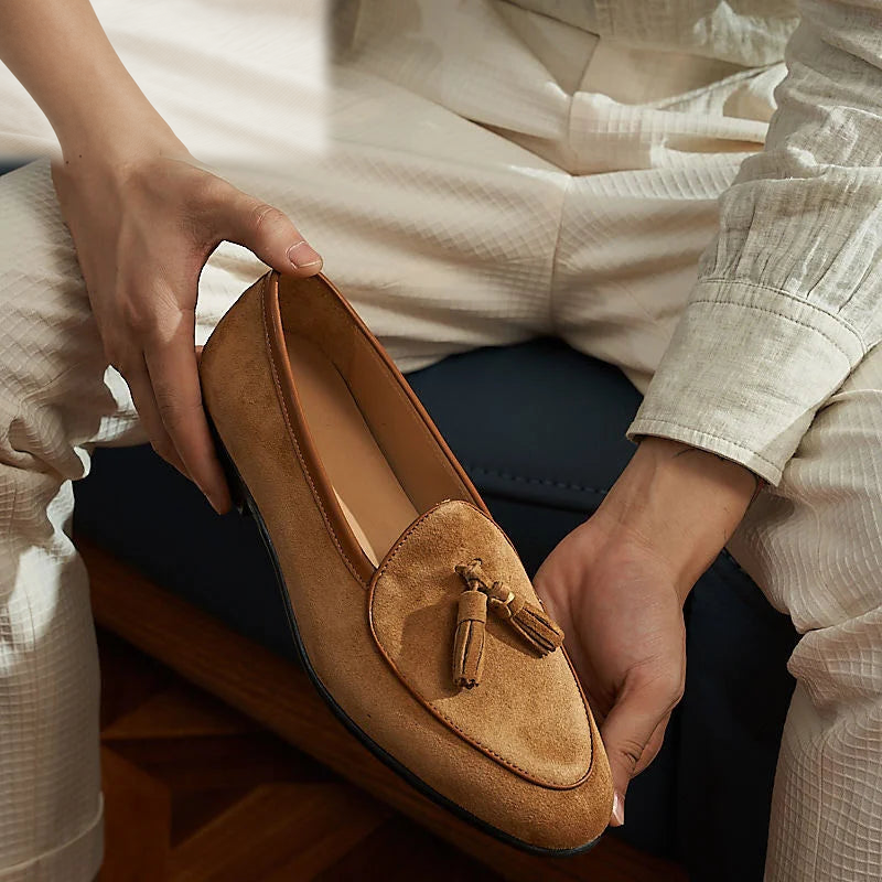 Loafers i mocka med tofsar för herr, kamel, bild 6