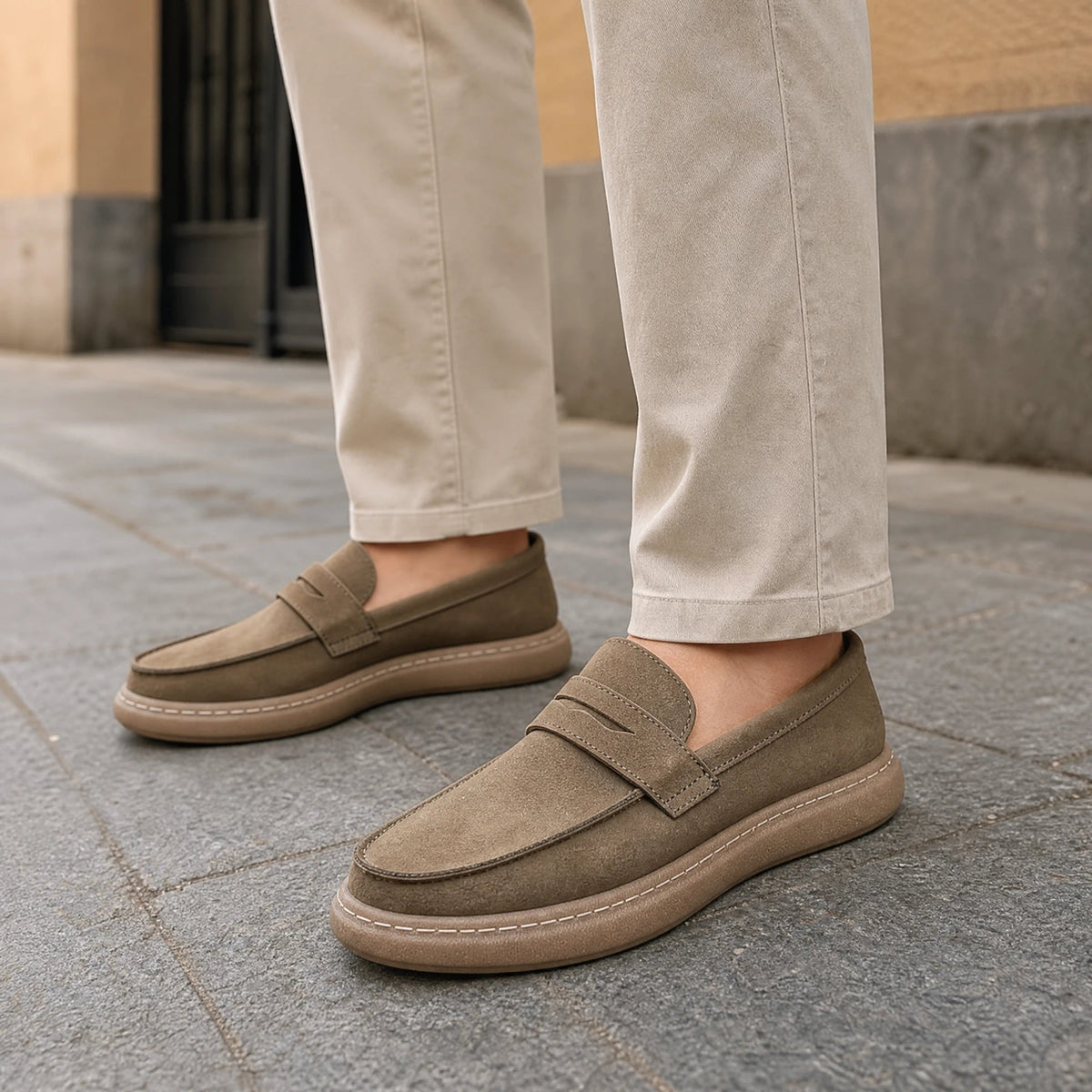 Loafers med rem för herr och tjock sula, khaki Bild