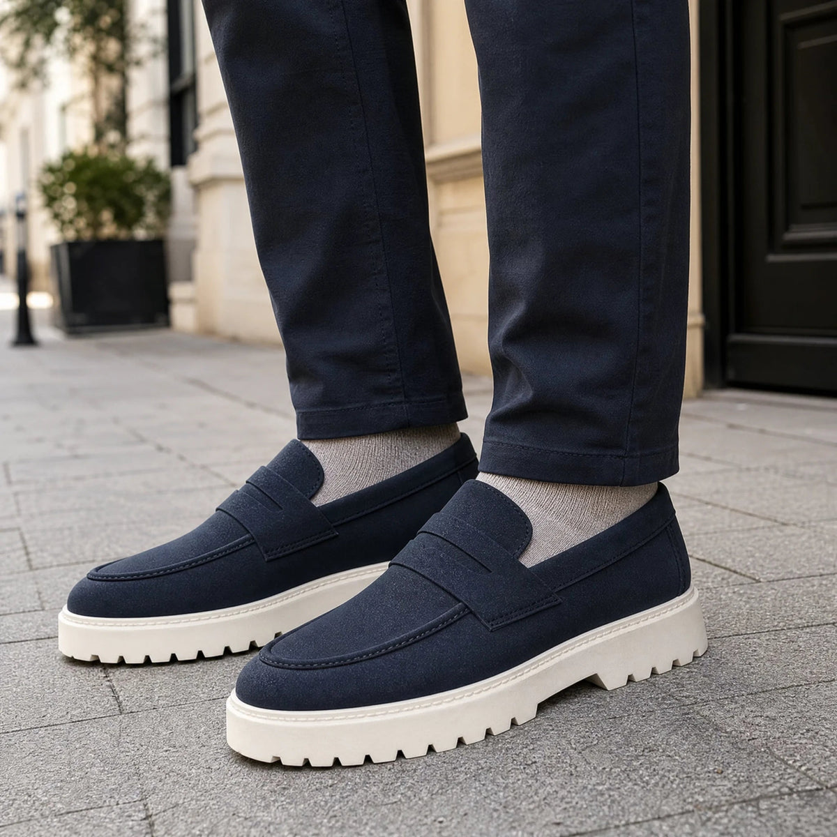 Loafers med ribbad sula för herr, casual och bekväma, marinblå Bild