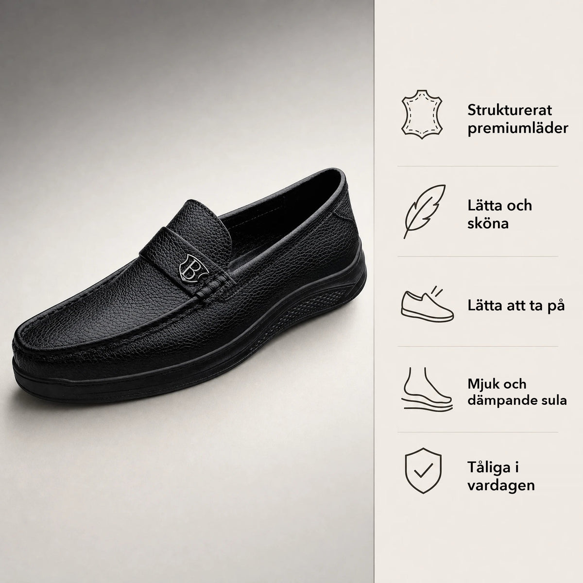 Svarta loafers för herr med tjock sula i kornigt läder, uppifrån Bild