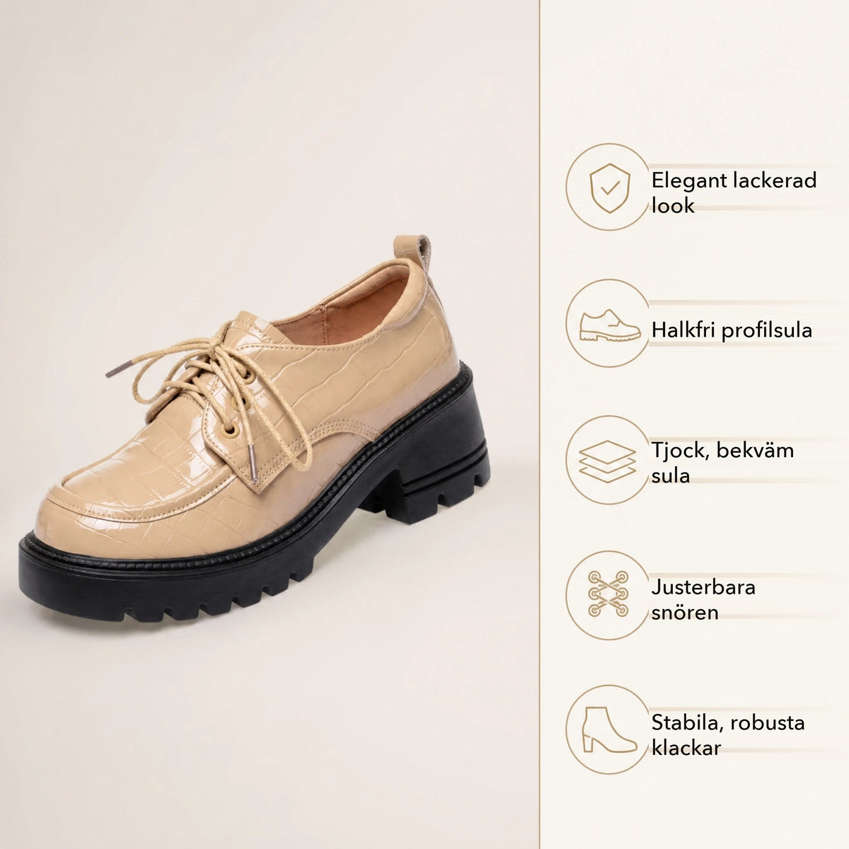 Beige loafers med klack för dam med lackad krokodileffekt, uppifrån