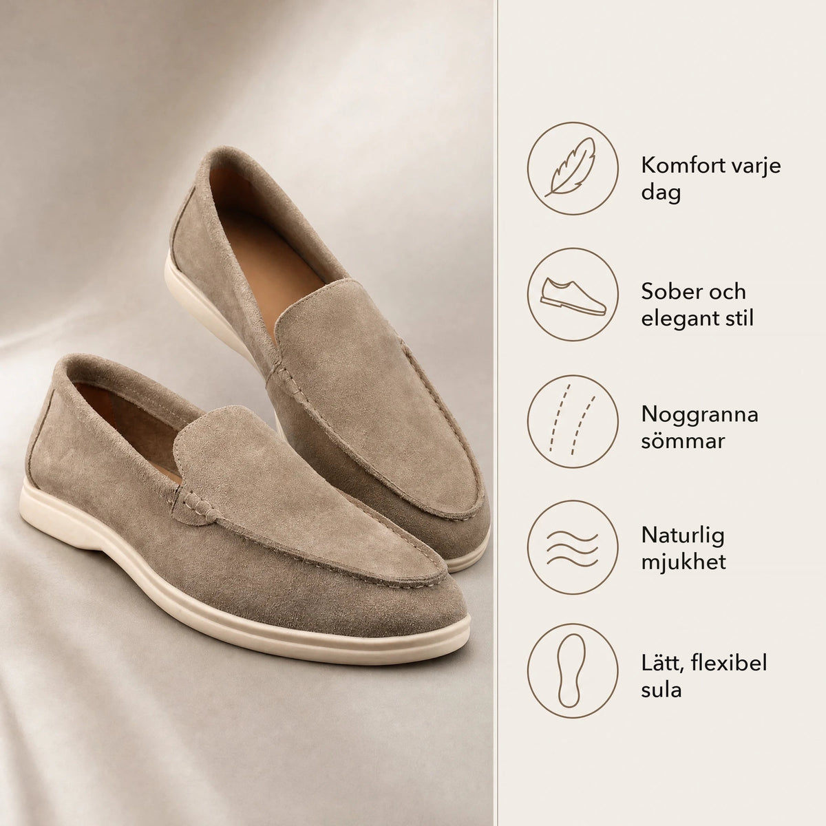 Mjuka loafers i mocka för herr med ljus sula, taupe, bild 5