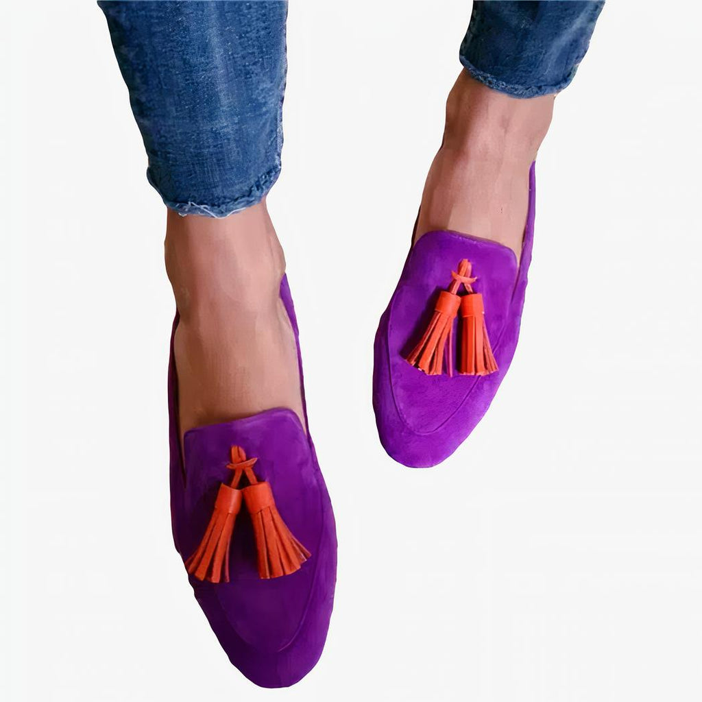 Färgglada damloafers med tofsar och platt klack