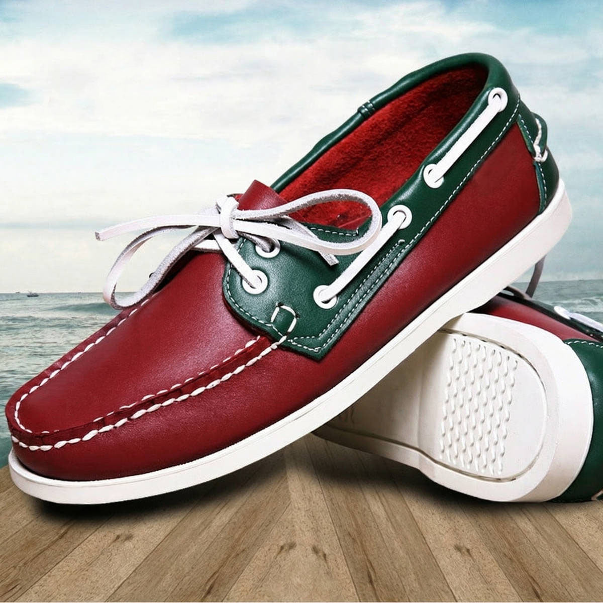 Röda båtmockasiner i äkta läder stora storlekar för herrar