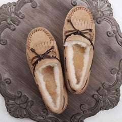 Fodrade mockasinloafers med rosett för damer, Beige