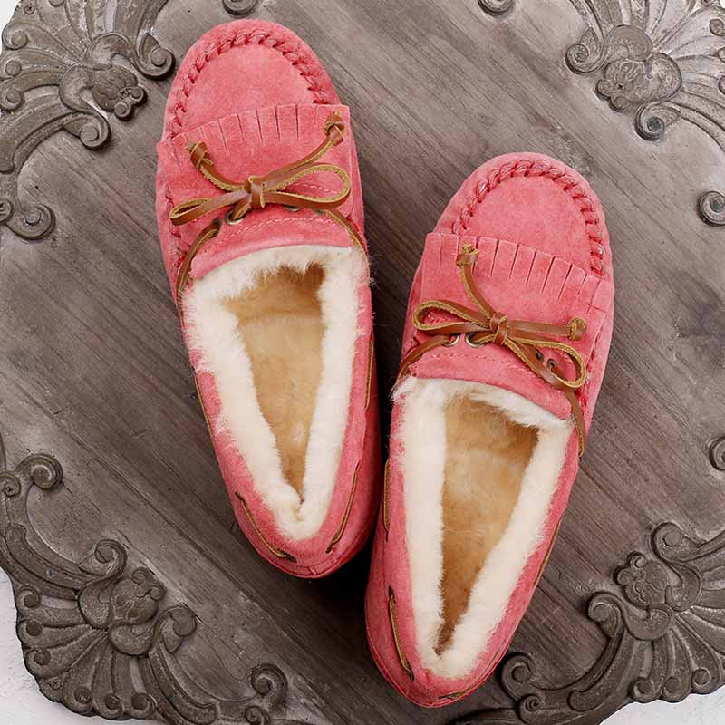 Fodrade rosa mockasinloafers med rosett för damer