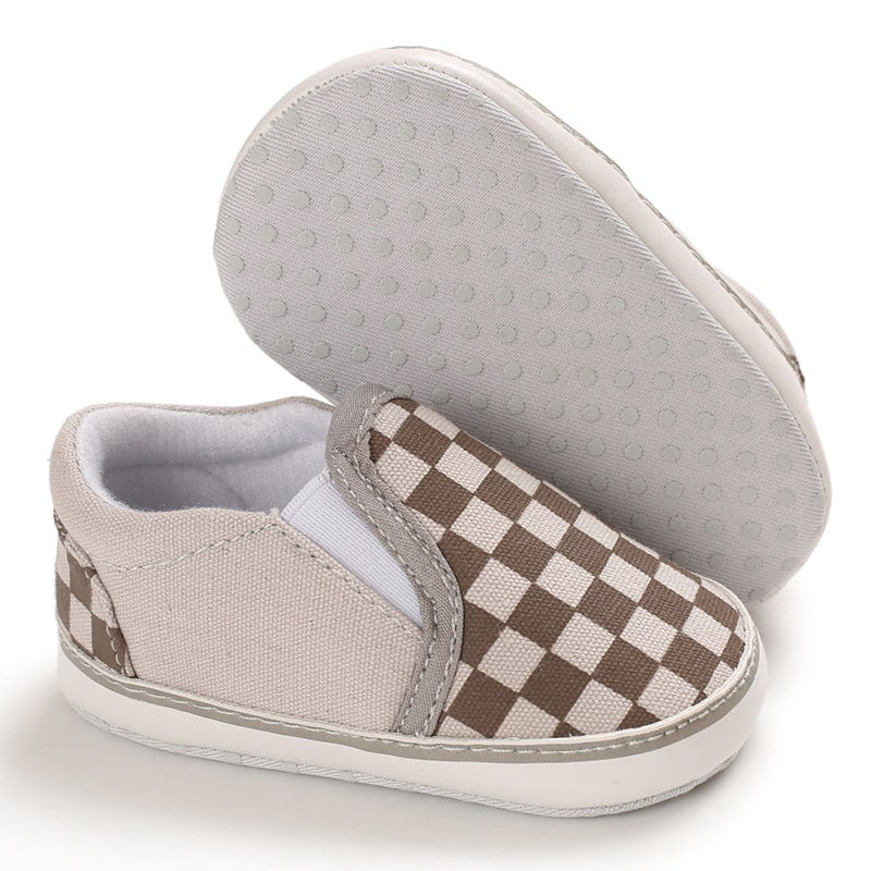Rutiga beige canvas-loafers för babykillar