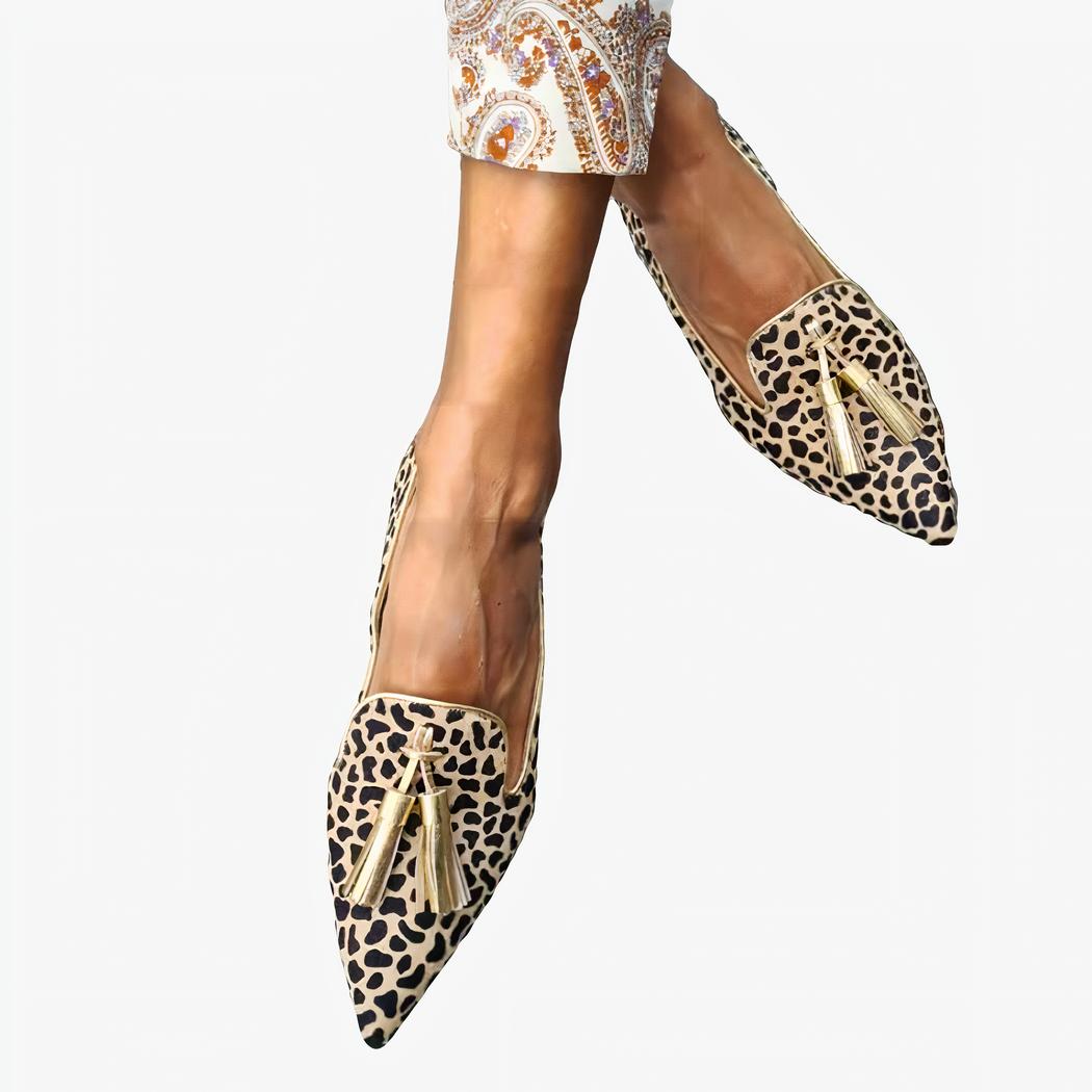 Leopardmönstrade loafers för dam med tofsar