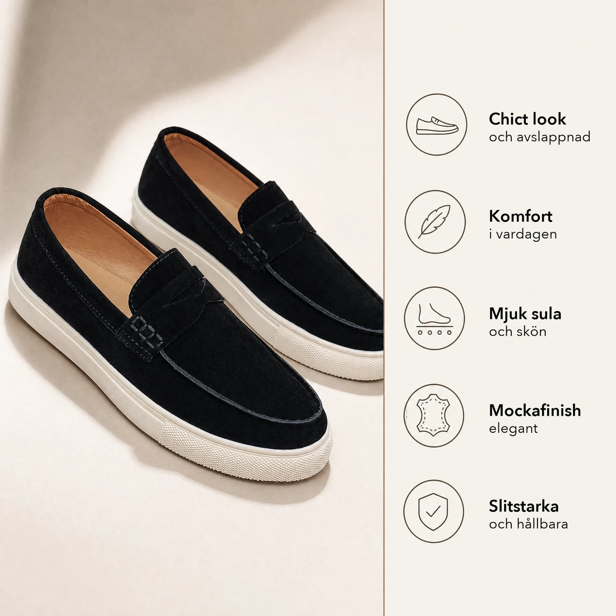 Loafers i mocka för herr med slejf och vit sula, brun