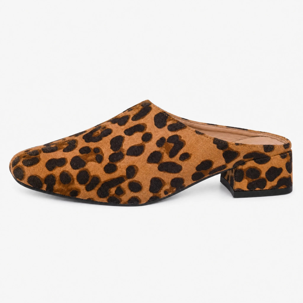 Leopardmules med fyrkantig klack, leopardmönster