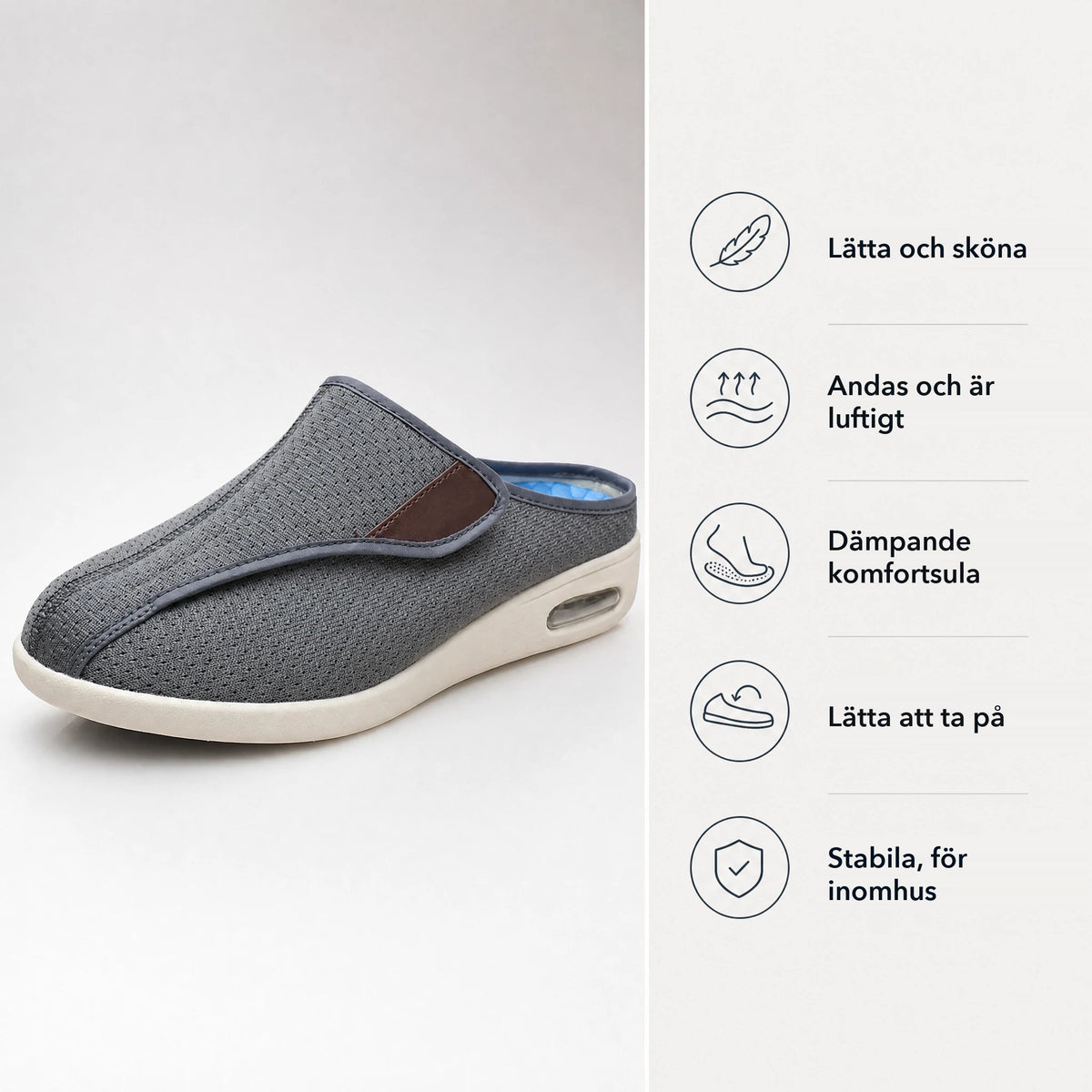 Ortopediska mules med kardborre i andningsbart nät i färgen beige Bild