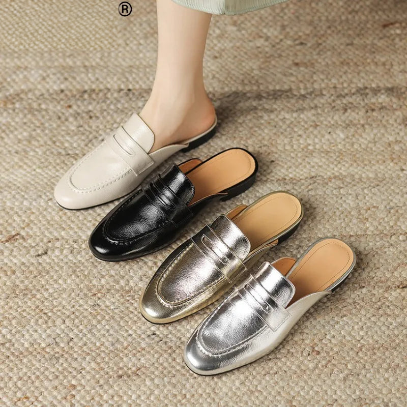 Penny loafer-mule dam i läder, beige