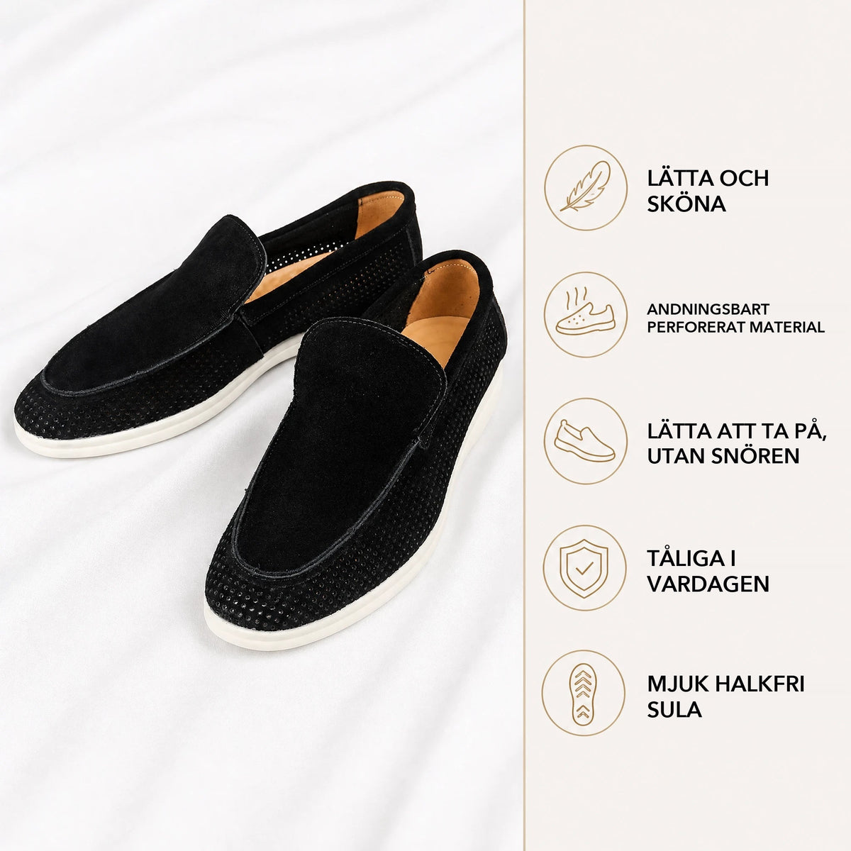 Perforerade loafers för herr, svarta, beige eller gröna, svart