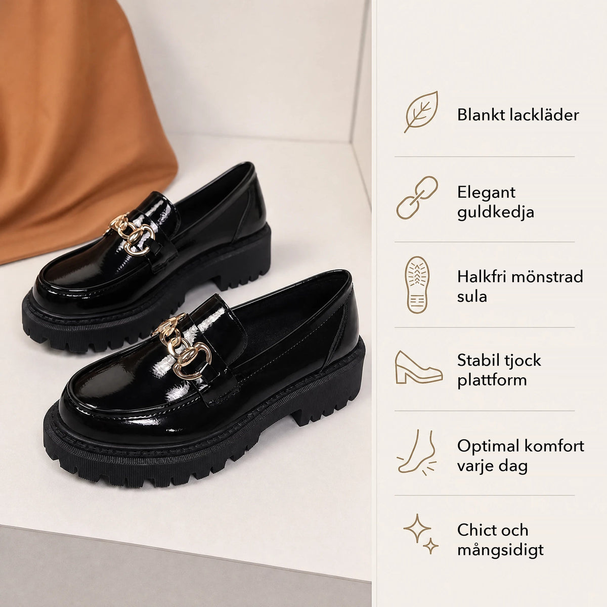 Loafers med plattformssula och rund tå, bakifrån