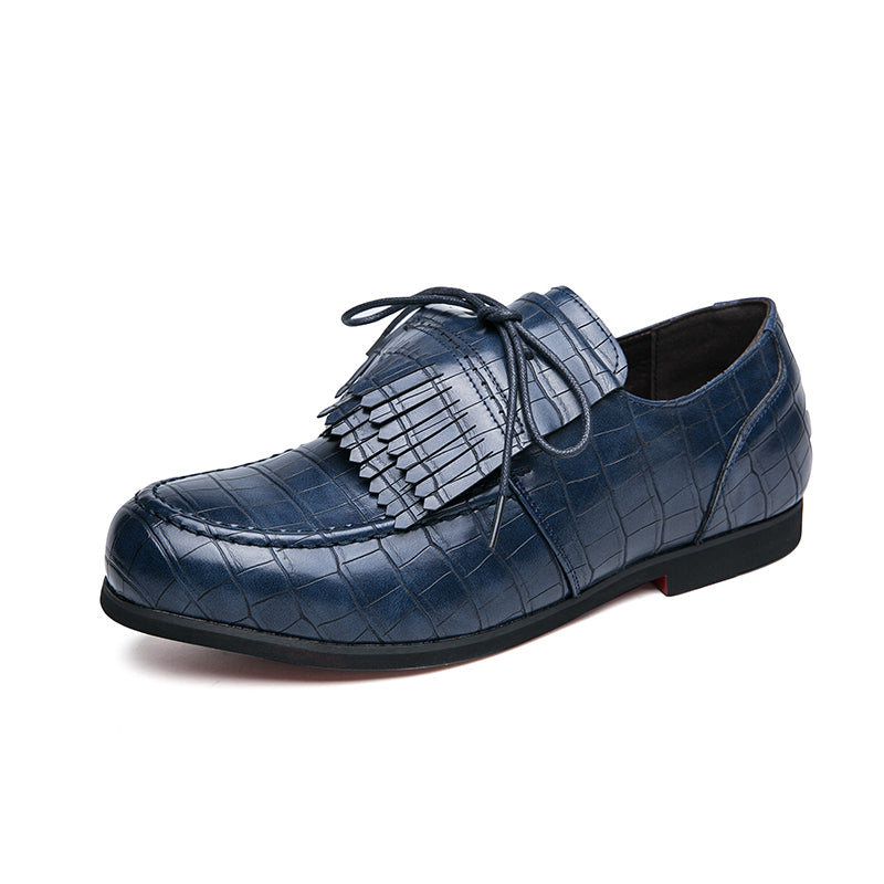 Blå loafers med tofs och klassisk krokodileffekt för herrar