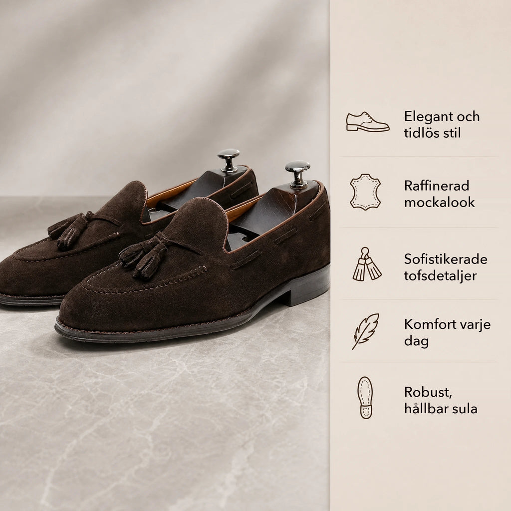 Ovanifrån av tofsloafers i brun mocka