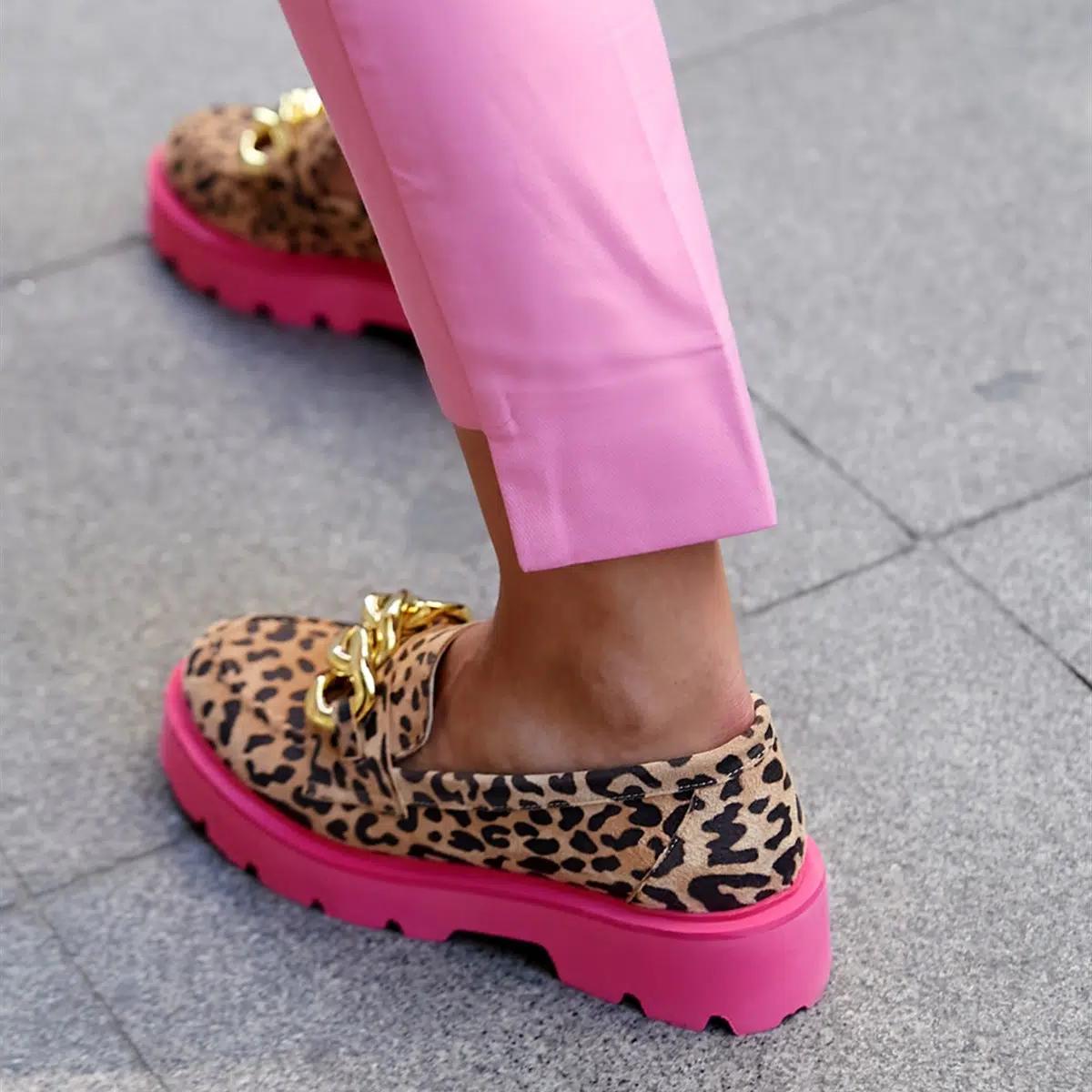 Trendiga leopardmönstrade loafers med rosa tjock sula för dam, bild 5 av 7