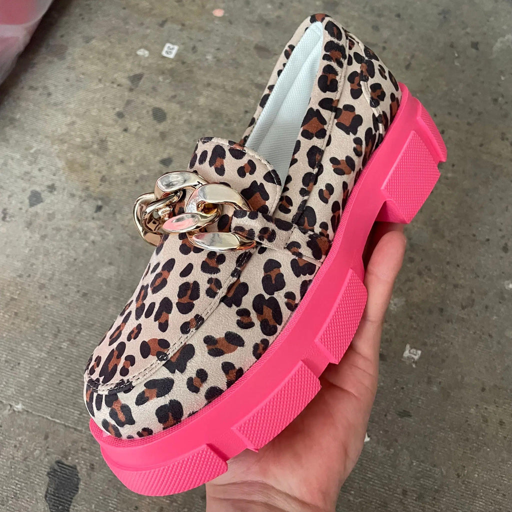 Trendiga leopardmönstrade loafers med rosa tjock sula för dam, bild 2 av 7