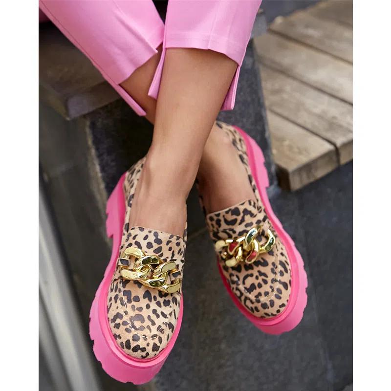 Trendiga leopardmönstrade loafers med rosa tjock sula för dam, bild 3 av 7