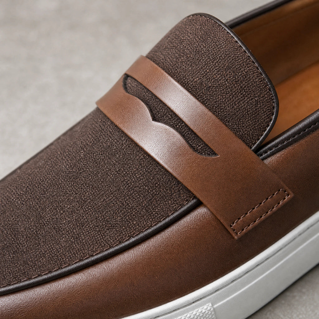 Tvåfärgade bruna loafers för herr med texturerad detalj, brun