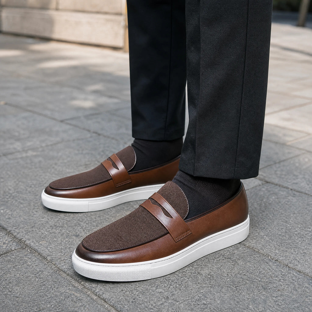 Tvåfärgade bruna loafers för herr med texturerad detalj, svart